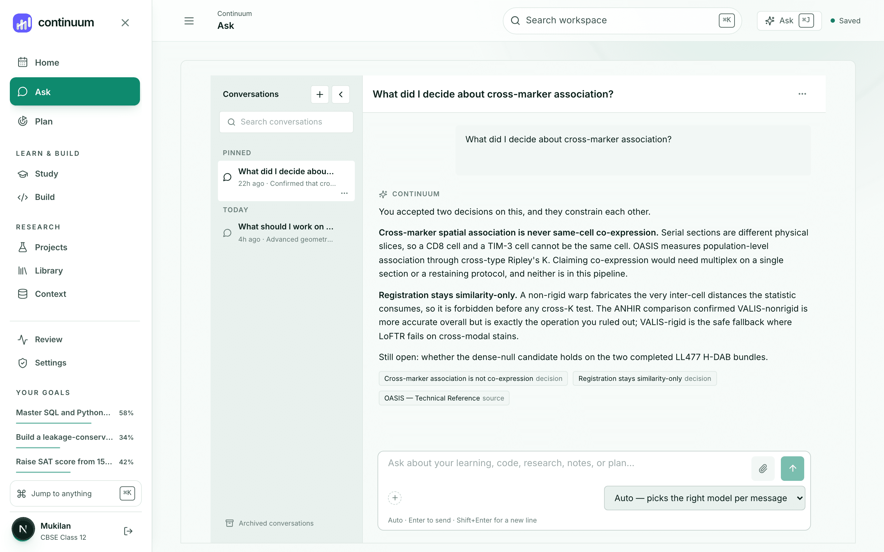 Continuum's Ask surface: a question about a research project, a short answer, and three citation chips naming the source, decision, and concept the answer used.