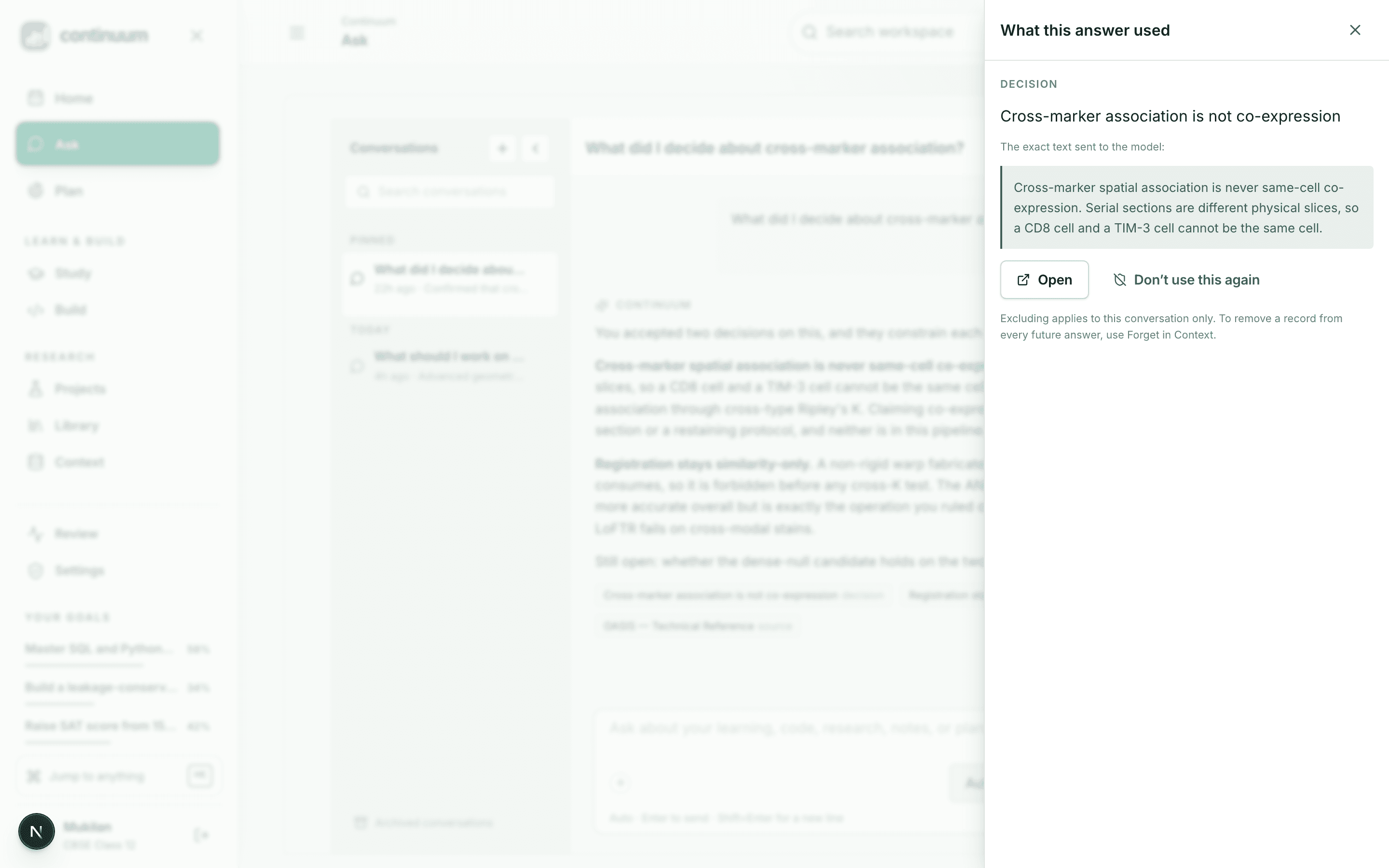 The context inspector open beside an answer, showing the decision record and the source passage the answer was built from.