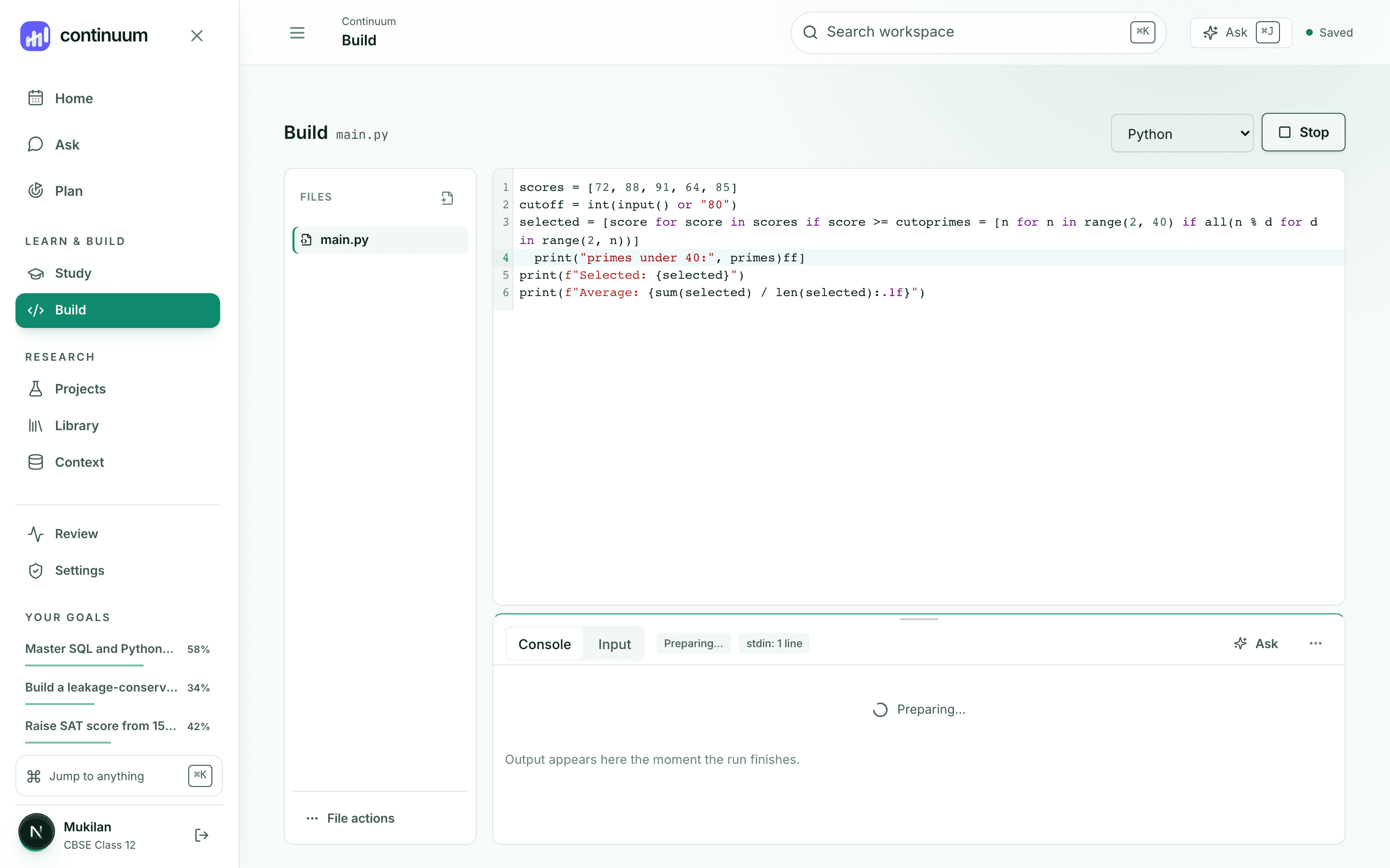 The code editor with a Python program and its console output, run in the browser.