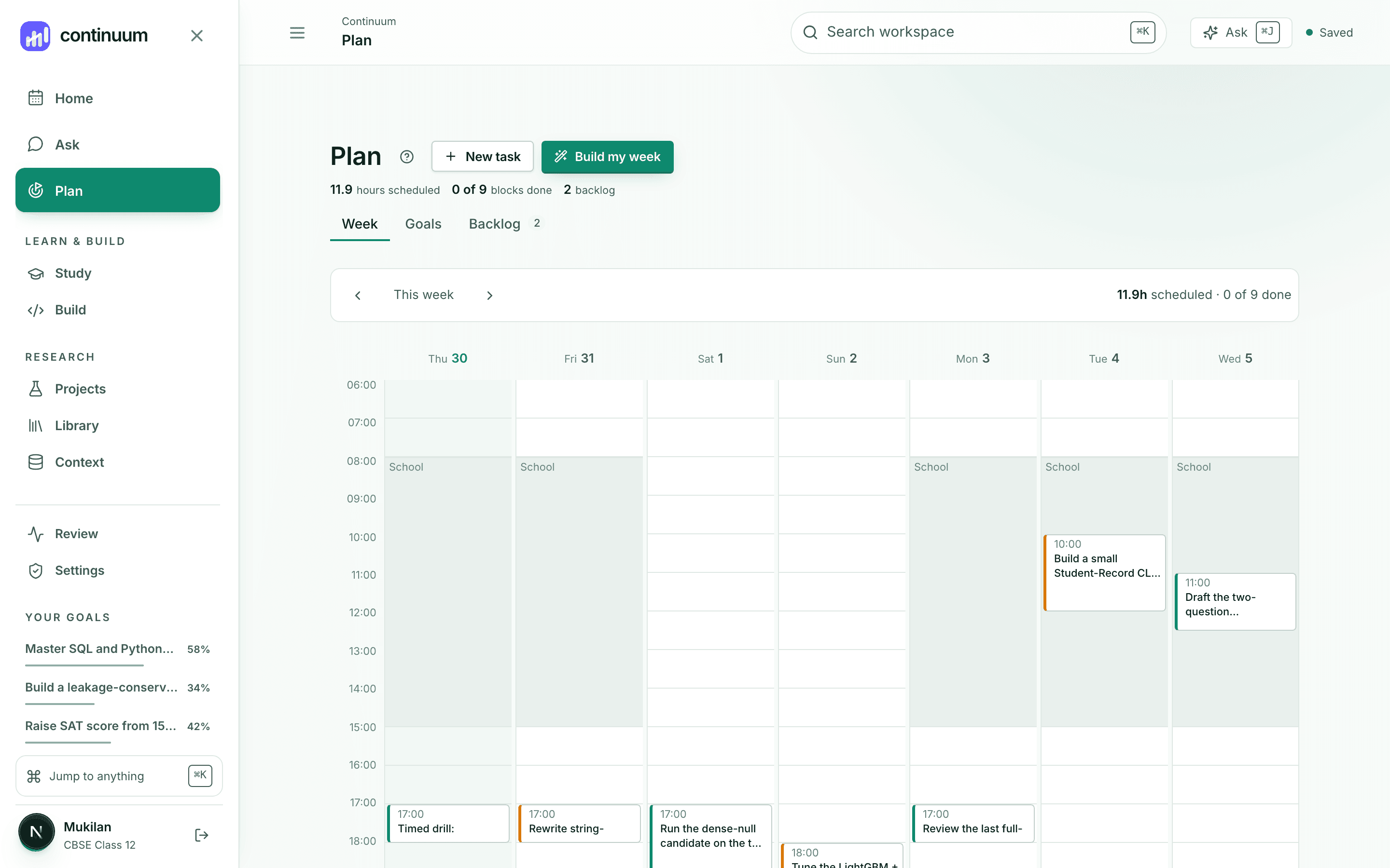 A drafted study week laid out across seven days, with each block still editable before it is saved.